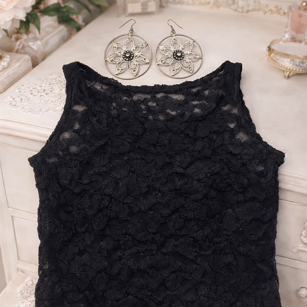 Ann Taylor Sheer Black Lace Top + Silver Floral Statement Earrings | Chic bundle